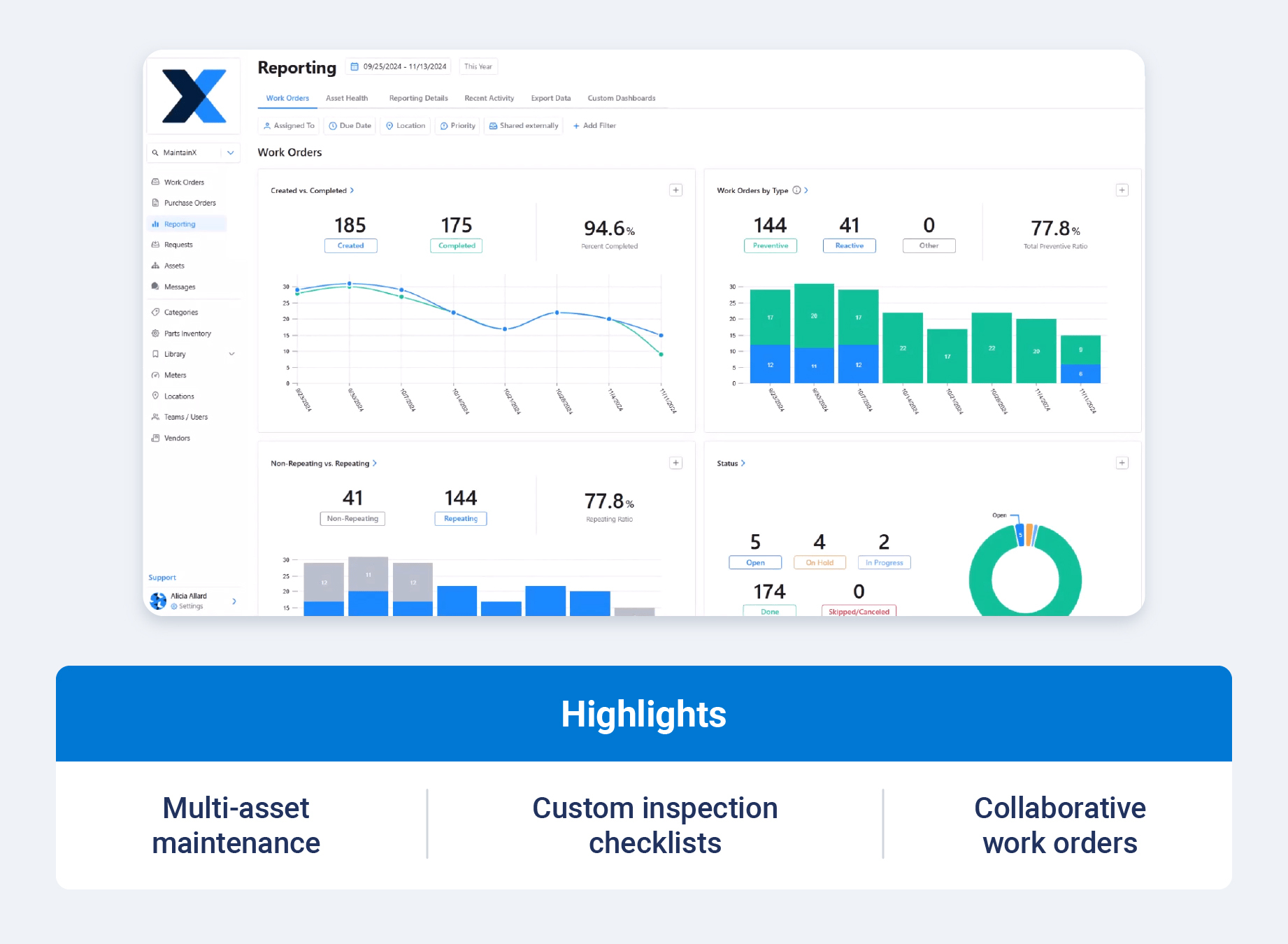 MaintainX fleet management platform showing maintenance work orders, inspections and asset information.